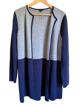 Talbots Size Large Navy Blue Gray Open Cardigan Long Line Merino Wool Blend